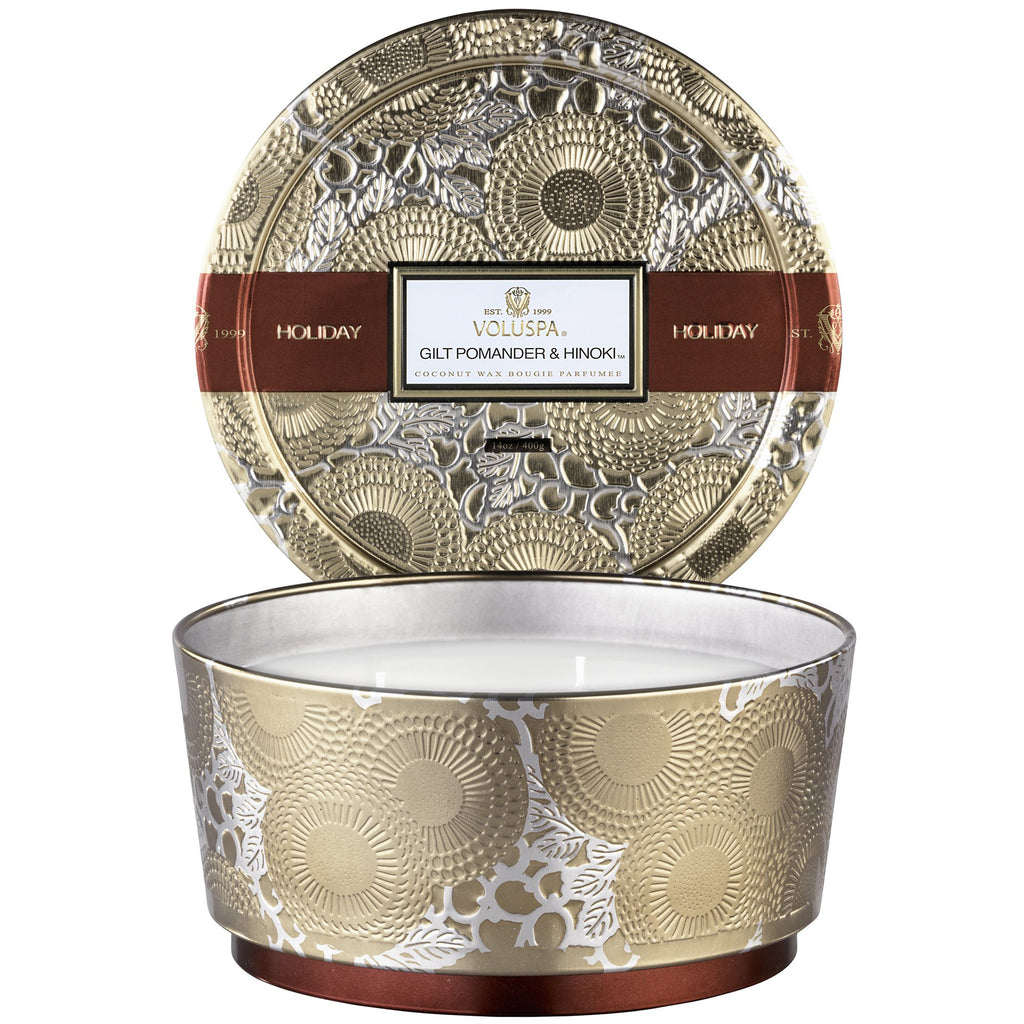 Gilt Pomander & Hinoki - Seasonal 3 Wick Pedestal Tin Candle Zoom - 1