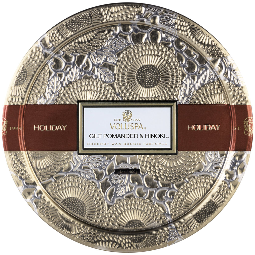 Gilt Pomander & Hinoki - Seasonal 3 Wick Pedestal Tin Candle Zoom - 2